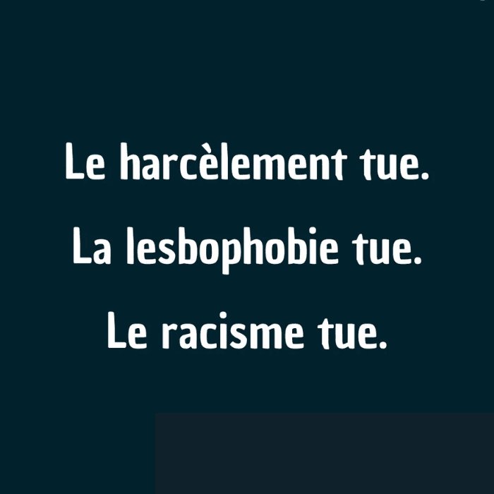 Texte : le harcèlement tue, la lesbophobie tue, le racisme tue.